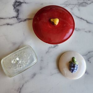 Cookie jar lids bundle of three ceramic pear grape clear etched glass butter lid